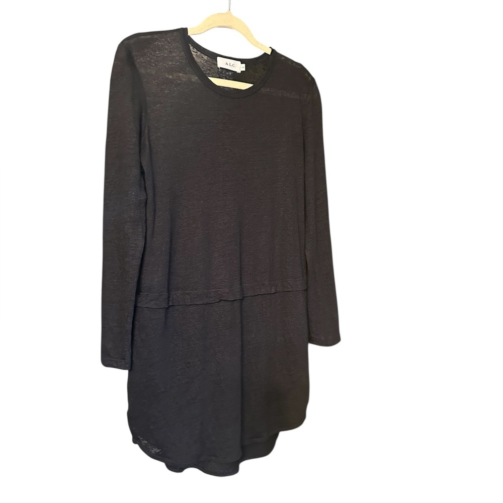 A.L.C. Black Linen Sheer Long Sleeve Dress XS Lined High Low Hem - Picture 5 of 7